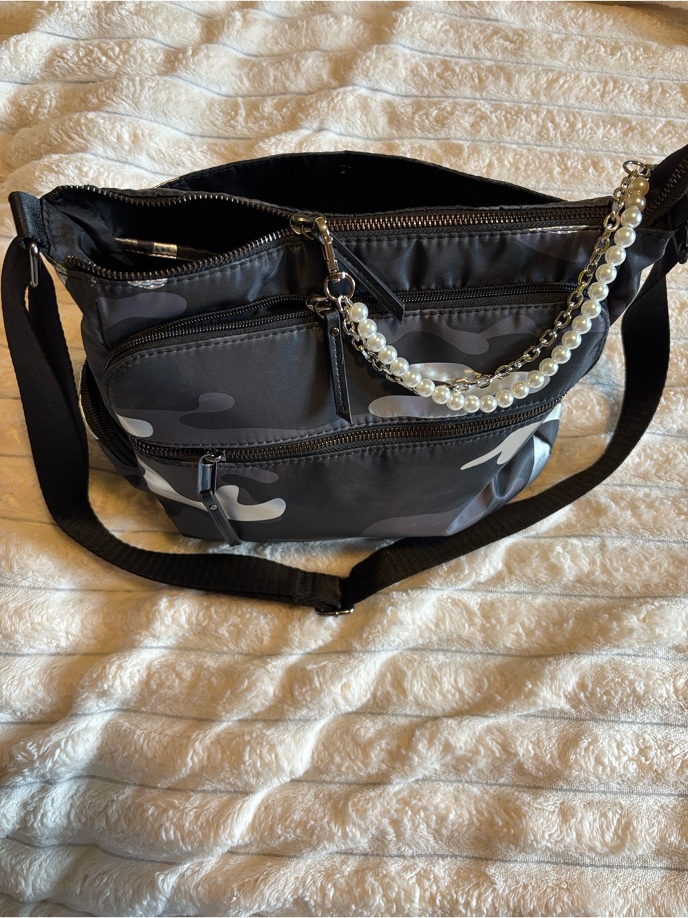 Black Camouflage Crossbody Bag with Pearl Strap